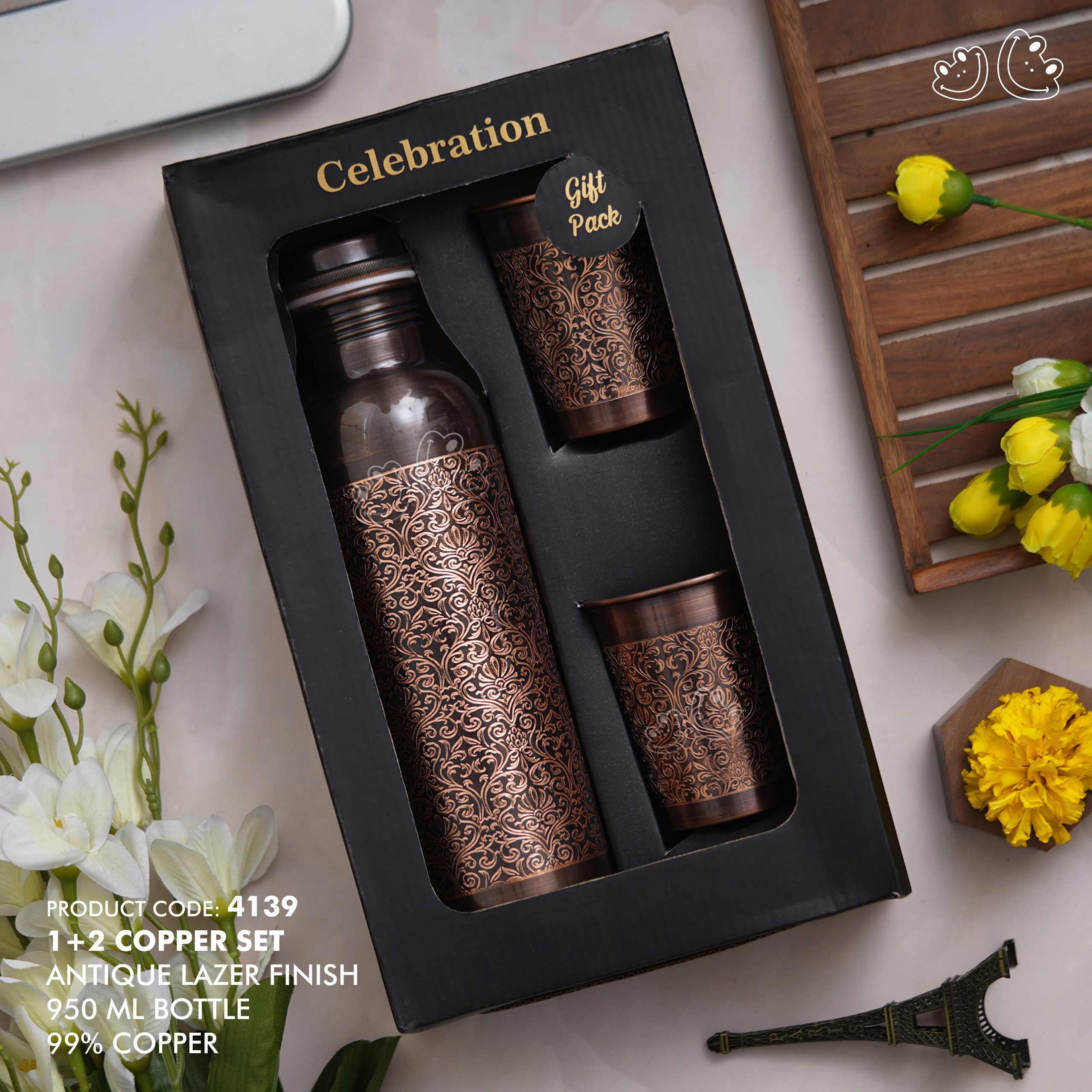 PNI-4139 Antique Laser Finish 1+2 Copper Bottle Set - Image 2